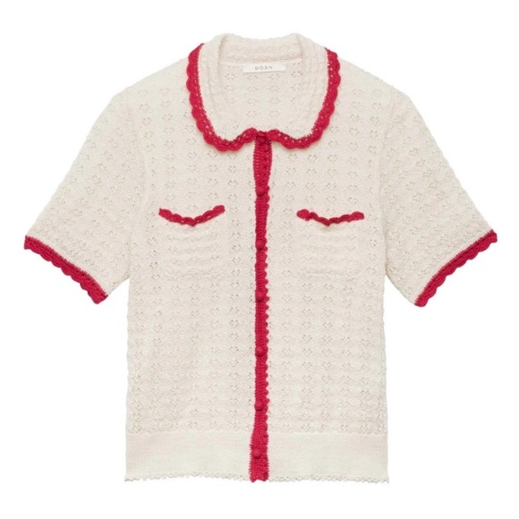Doen Gloriana Alpaca Silk Collar Crochet Knit Button Sweater Top Moonstone Red - Picture 14 of 14